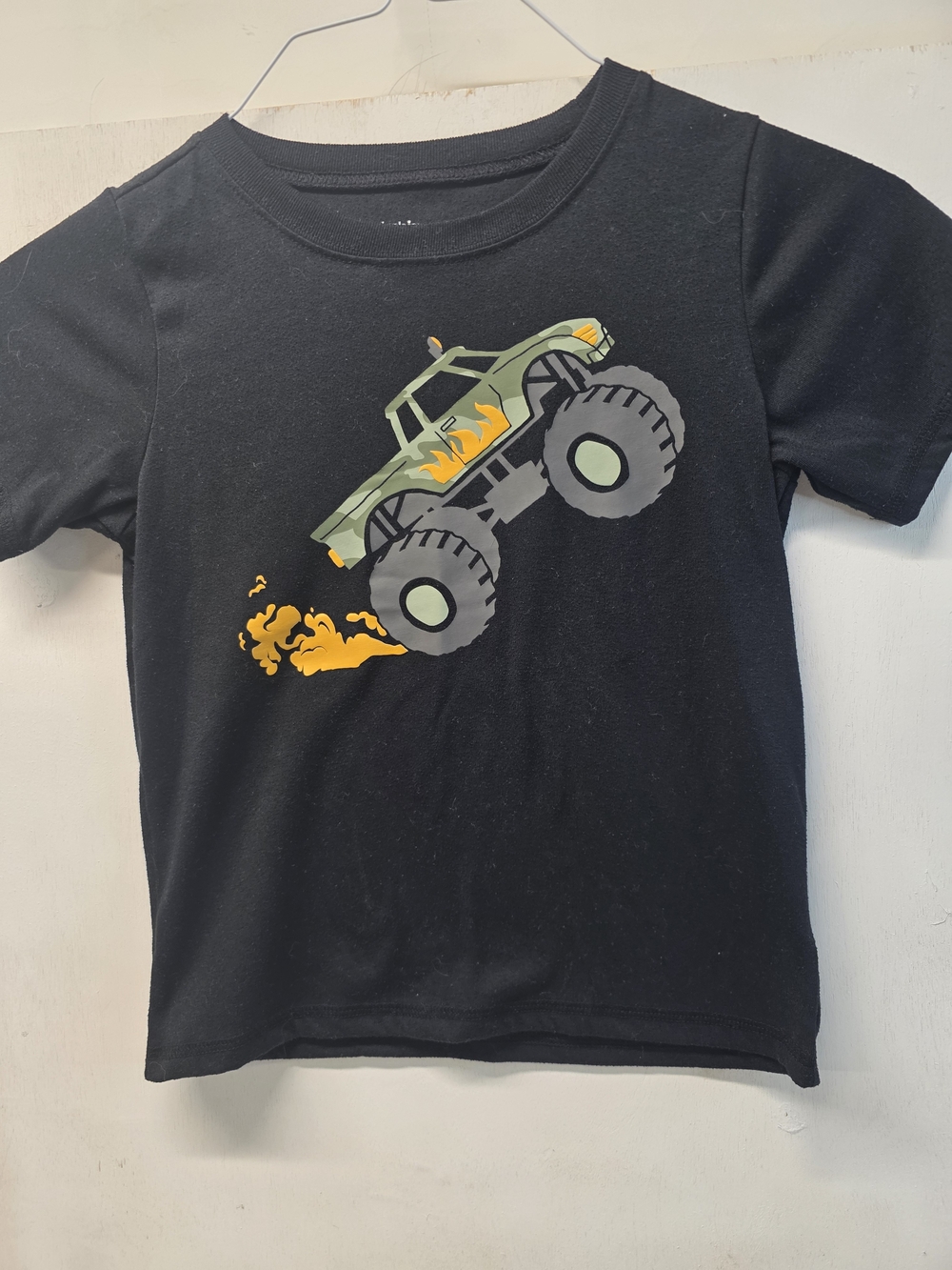 Carter's Black Tee with Green Monster Truck and Yellow-Orange Flame